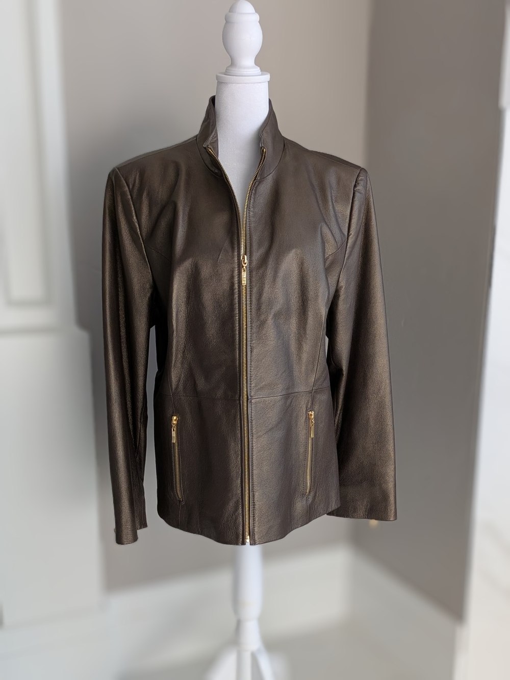 Terry Lewis Classic Luxuries Shimmering Brown Leather Zip Jacket-Lg
